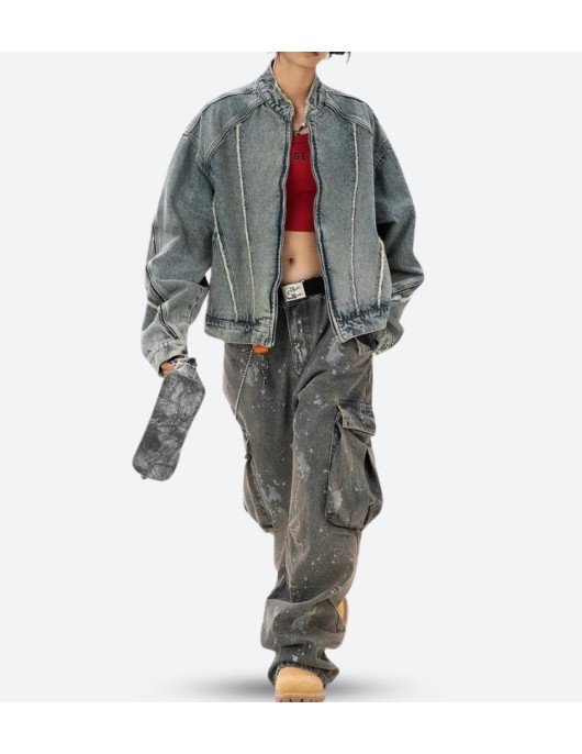 Cyberpunk Denim Zip-Up Jacket