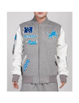 Detroit Lions Animal Patches Gray Varsity Jacket