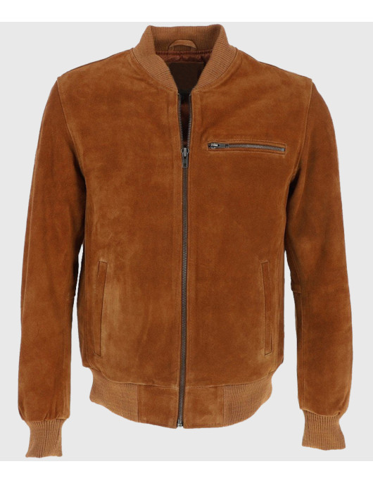 Ethan Mens Tan Bomber Suede Leather Jacket