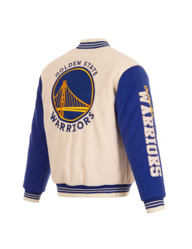 Golden State Warriors Cream and Blue Varsity Jacket