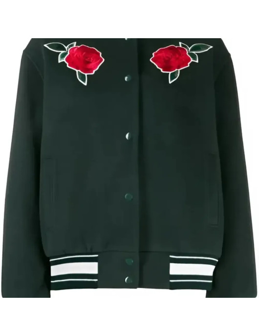 Green Rose Embroidered Varsity Jacket