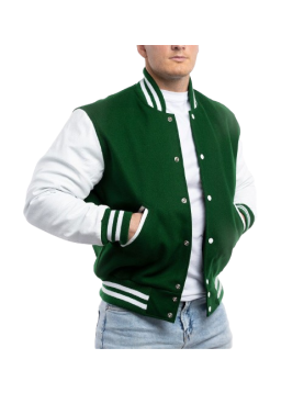 Kelly Green Wool Body &amp; Bright White Leather Sleeves Letterman Jacket