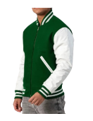 Kelly Green Wool Body & White Leather Sleeves Letterman Jacket With Zipper