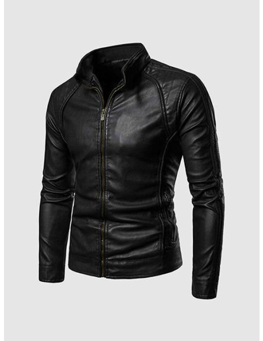 Leather Jacket with High Collar