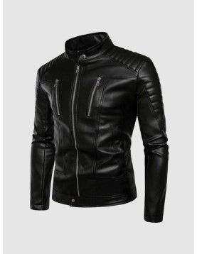 Leather Jacket with Stand-Up Collar