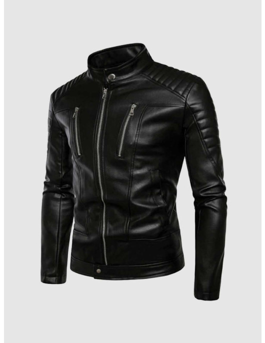 Leather Jacket with Stand-Up Collar