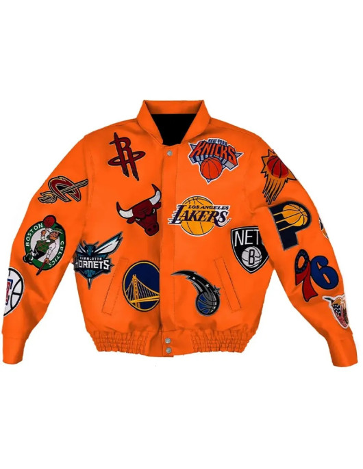 Leather NBA Team Collage Jeff Hamilton Orange Jacket