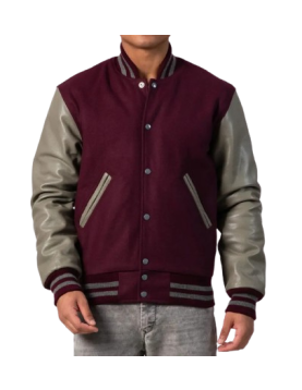 Maroon Body &amp; Grey Leather Sleeves Letterman Jacket