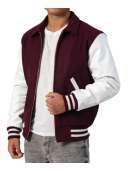 Maroon Body & White Sleeves Letterman Jacket With Byron Collar & Zipper