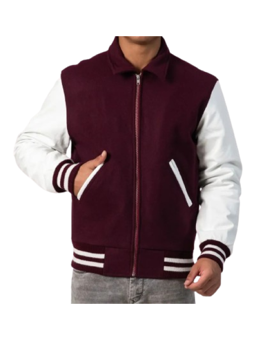 Maroon Wool Body & White Leather Sleeves Letterman Jacket With Zipper