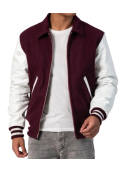 Maroon Wool Body & White Leather Sleeves Letterman Jacket With Zipper