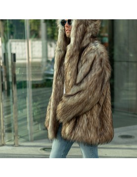 Men's Beige Coyote Faux Fur Jacket with Oversized Hood Burner Coat