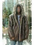 Men's Beige Coyote Faux Fur Jacket with Oversized Hood Burner Coat