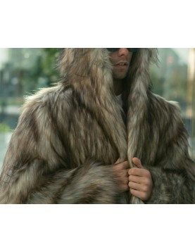 Men's Beige Coyote Faux Fur Jacket with Oversized Hood Burner Coat