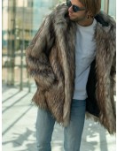 Men's Beige Coyote Faux Fur Jacket with Oversized Hood Burner Coat