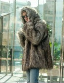 Men's Beige Coyote Faux Fur Jacket with Oversized Hood Burner Coat