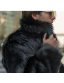 Black collared Fake faux fur jacket - Winter furry coat with collar