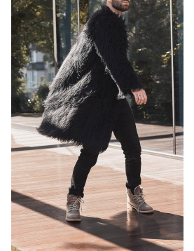 Men's Black Shaggy Llama Faux Fur Coat