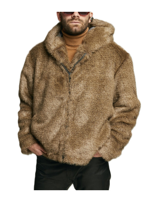 Men's Gray Wolf Faux Fur Bomber with Oversized Hood - Short Furry Hooded Jacket