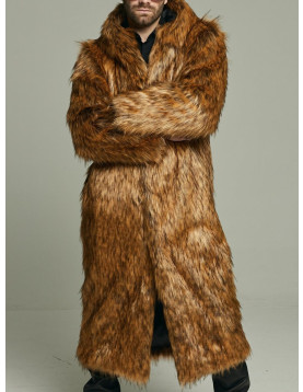 Men's Long hooded Fox Faux Fur Coat - Oversize hood