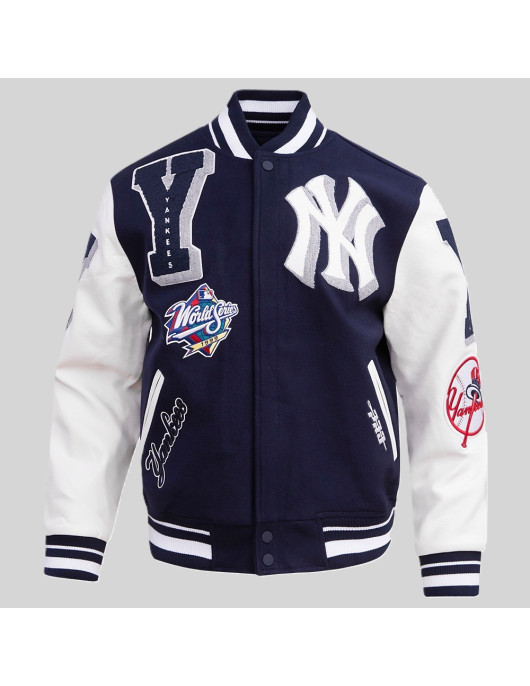 Men's NY Yankees MLB Mashup Rib Wool Midnight Navy and White Varsity Jacket