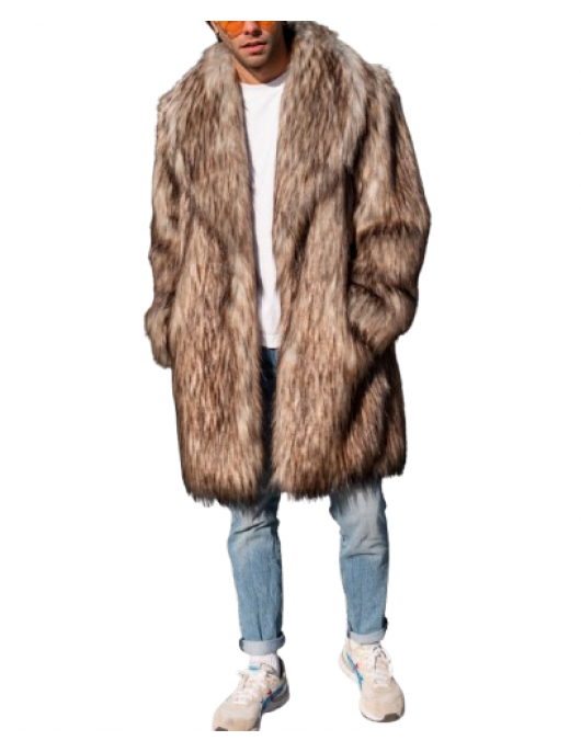 Men's Shawl Collar Coyote Faux Fur Midi Coat with Collared Design