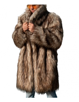 Men's Shawl Collar Coyote Faux Fur Midi Coat with Collared Design