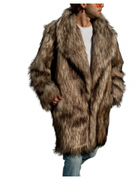 Men's Shawl Collar Coyote Faux Fur Midi Coat with Collared Design