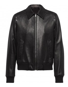 Men’s Black Elasticated Bomber Leather Jacket