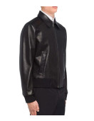 Men’s Black Elasticated Bomber Leather Jacket