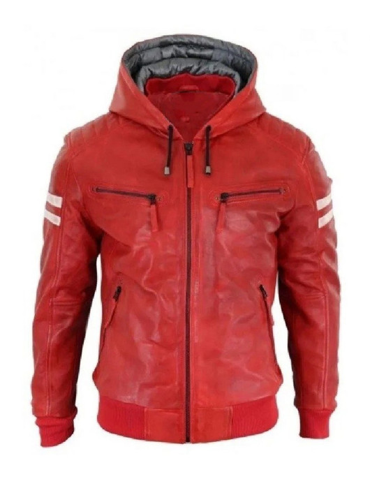 Men’s Bomber Red Leather Biker Hooded