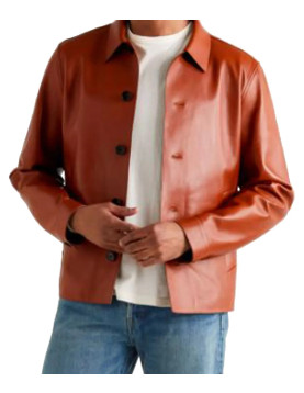 Men’s Brown Leather Blouson Jacket with Shirt Collar