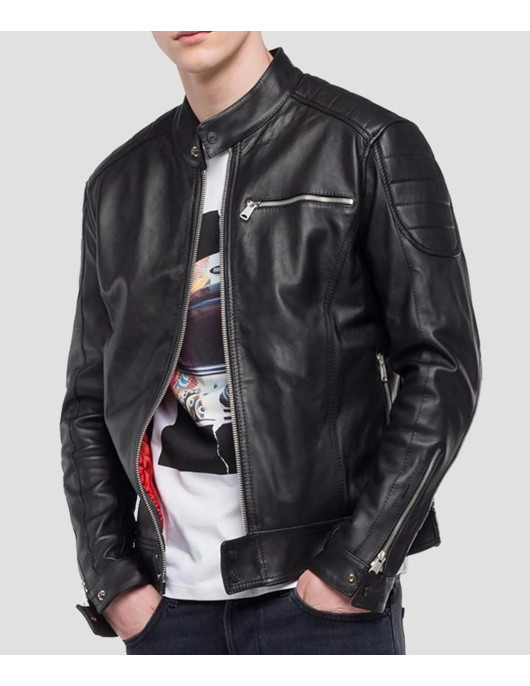 Men’s Crust Motorcycle Leather Jacket with Zipper Pockets