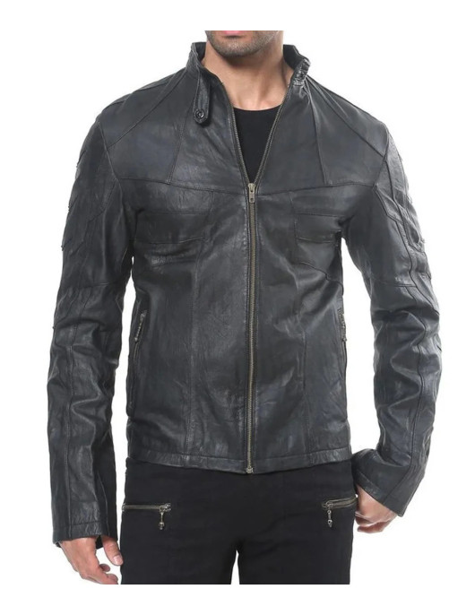 Men’s Designer Black Lambskin Leather Jacket with Front Pockets and Studs