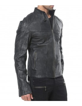 Men’s Designer Black Lambskin Leather Jacket with Front Pockets and Studs