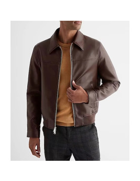 Men’s Faux Leather Jacket with Brown Shirt Collar