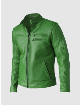 Men’s Green Leather Jacket - Regular Fit for Party Wear