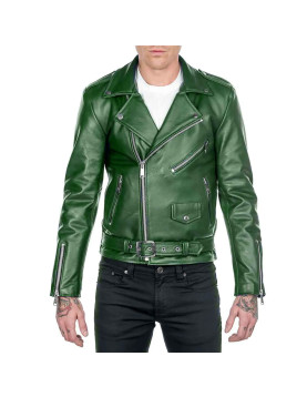 Men’s Shinny Green Leather Biker Jacket