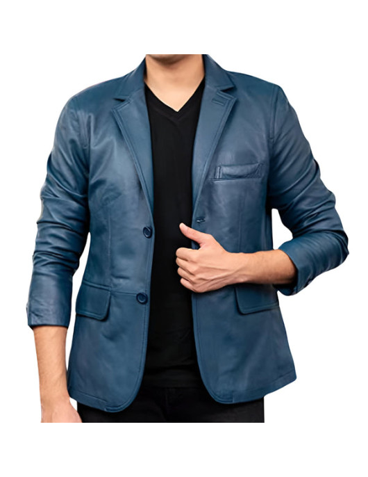 Mens Blue Real Leather Coat