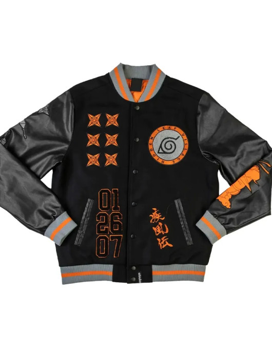 Naruto Hidden Leaf Wool Black Varsity Jacket