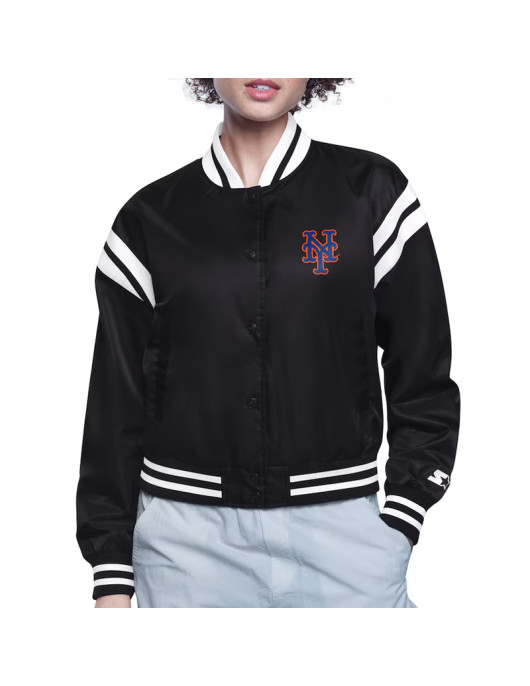 NY Mets Printed Logo Black Varsity Satin Jacket