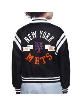 NY Mets Printed Logo Black Varsity Satin Jacket