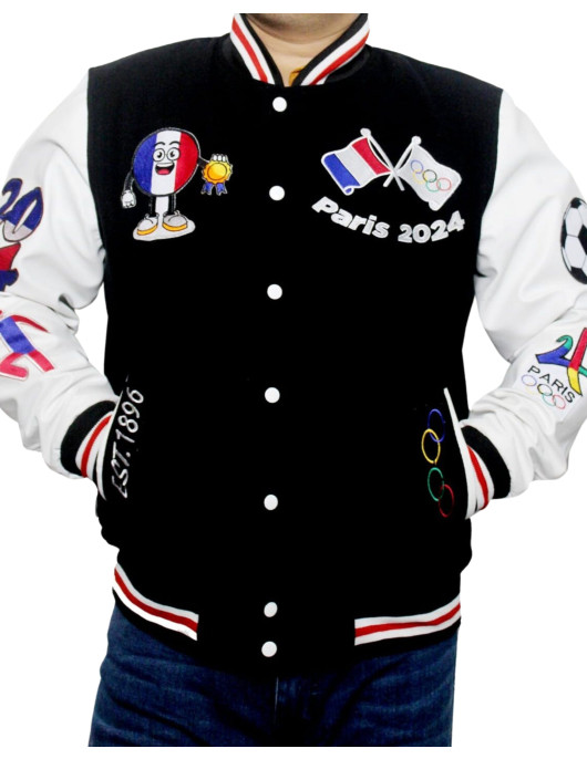 Paris 2024 France Olympics Black Wool White Leather Varsity Jacket