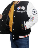 Paris 2024 France Olympics Black Wool White Leather Varsity Jacket