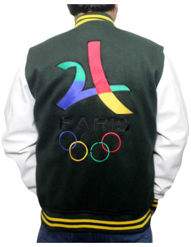 Paris 2024 France Olympics Green Wool White Leather Varsity Jacket