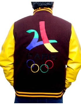 Paris 2024 France Olympics Maroon Wool and Leather Sleeves Varsity Jacket