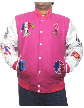 Paris 2024 France Olympics Pink Wool White Leather Varsity jacket