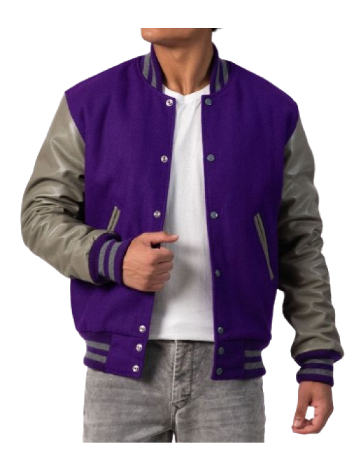 Purple Body & Grey Leather Sleeves Letterman