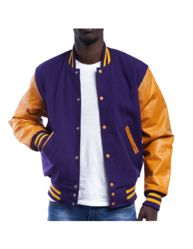 Purple Wool Body &amp; Bright Gold Leather Sleeves Letterman Jacket