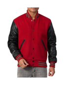 Scarlet Red Body & Black Sleeves Letterman Jacket With Feathered Knit Trim